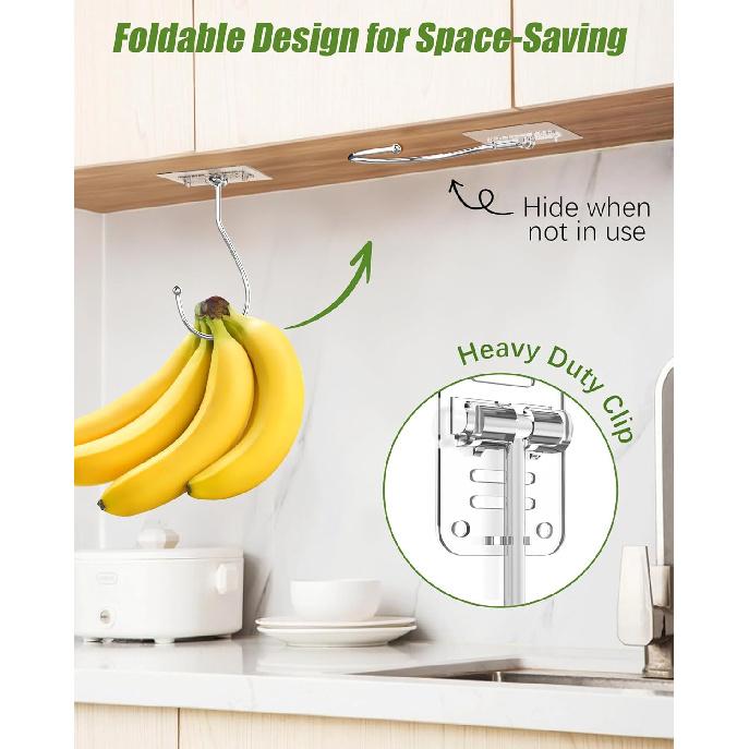 Self Adhesive Banana Hook Under Cabinet Foldable, 2 Pack Heavy Duty Metal Holder(13lb), Clear Banana Hanger Traceless, Keep Bananas Fresh & Kitchen