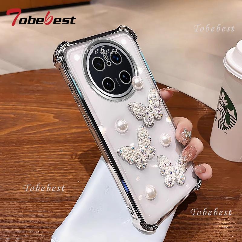3D Pearl Butterfly Shockproof Plating Silicone Case for Huawei Mate 70 60 50 40 30 Pro Transparent Back Cover