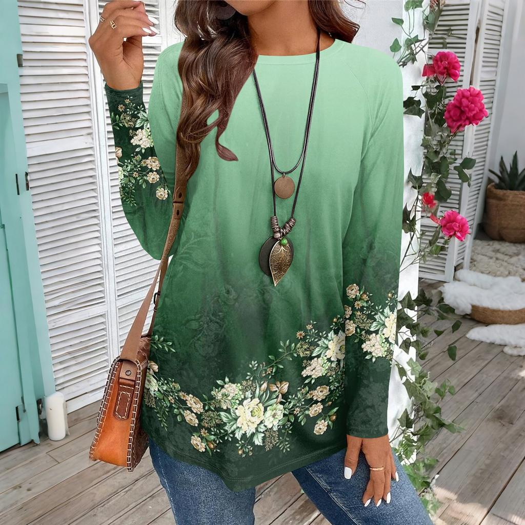 Women's Casual Plus SizeLong Sleeved Round Neck Vintage Ethnic Printing T-shirt Top Pullover