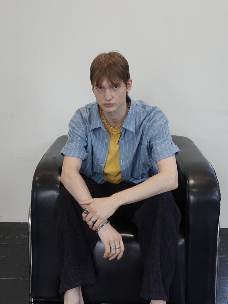 AZENDER Striped Oversized Short Sleeve Shirt Blue