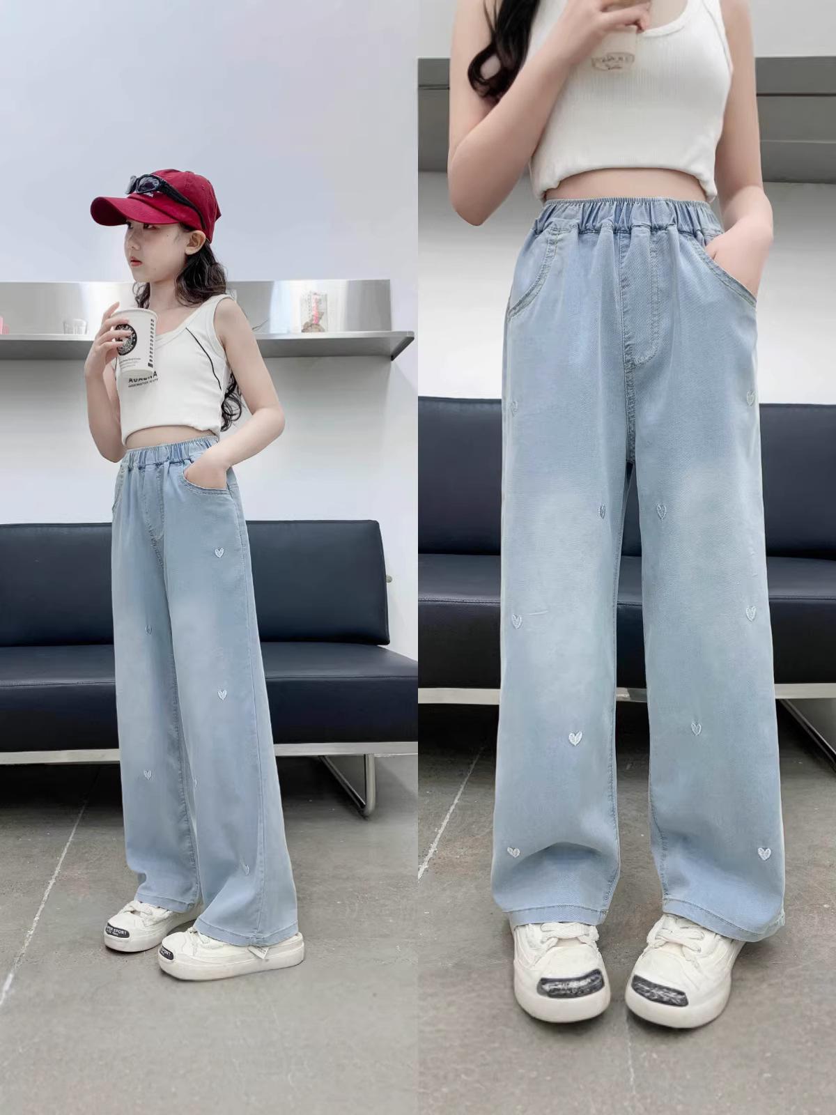 Zhongda Girls Summer Soft & Breathable Wide-Leg Jeans 170 cm