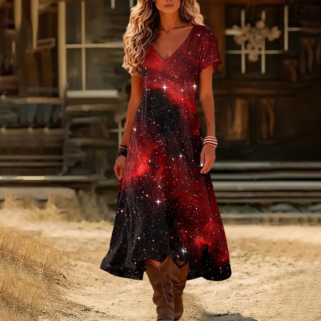 Women's Vintage Halloween Print Sundress V-Neck Short Sleeve Summer Beach Dress