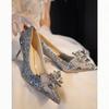 Large size French high heels heroine wedding banquet rhinestone bow wedding shoes temperament pointed sequins single shoes