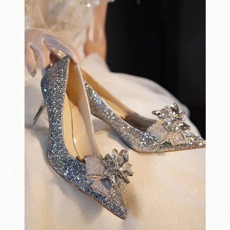 Large size French high heels heroine wedding banquet rhinestone bow wedding shoes temperament pointed sequins single shoes
