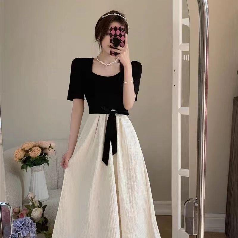 Hepburn Style Patchwork Slim Fit Petite Long Dress - Summer 2025 Korean Edition