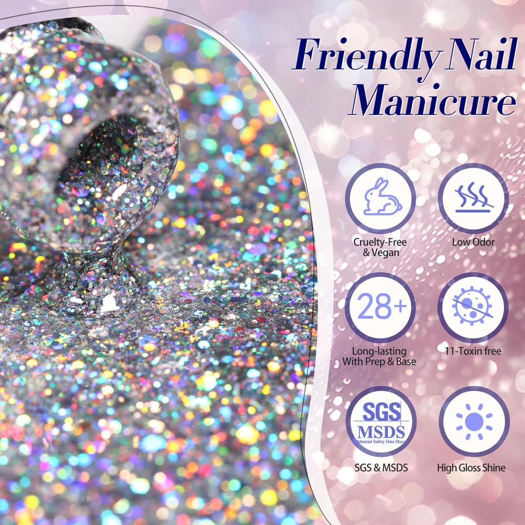 BORN PRETTY Gel Nail Color Glitter Holographic 6 Colors Polish Art Set Gel, Glitter, Spring/Summer Nails, (Gold, Blue), UV/LED Compatible, Type,