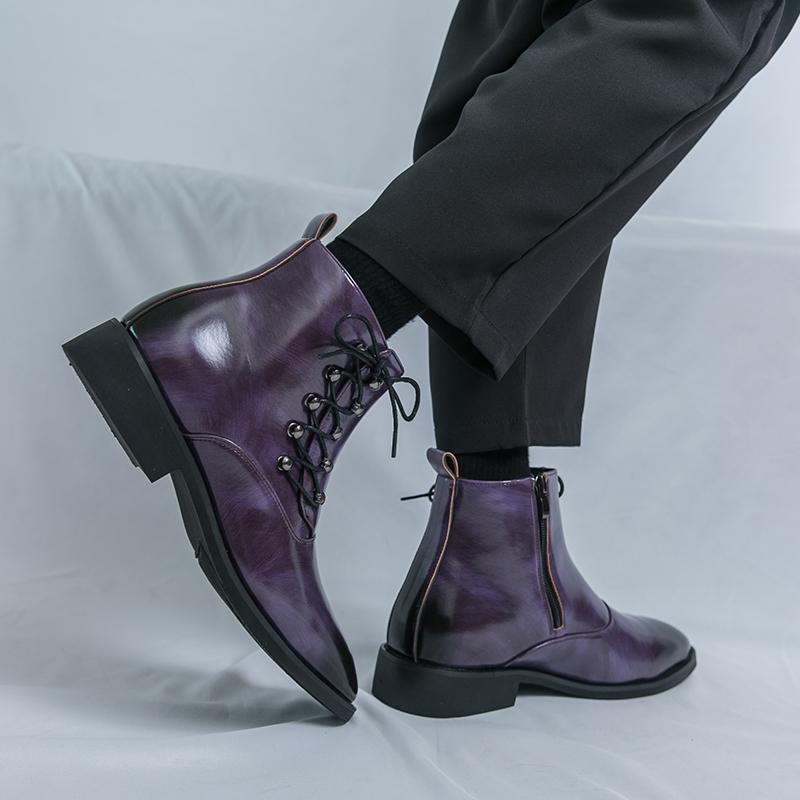 Men’s High Top Black Leather Boots Dress Formal Business Retro Brown Ankle Boots Tuxedo Purple Wedding Shoes Plus Size