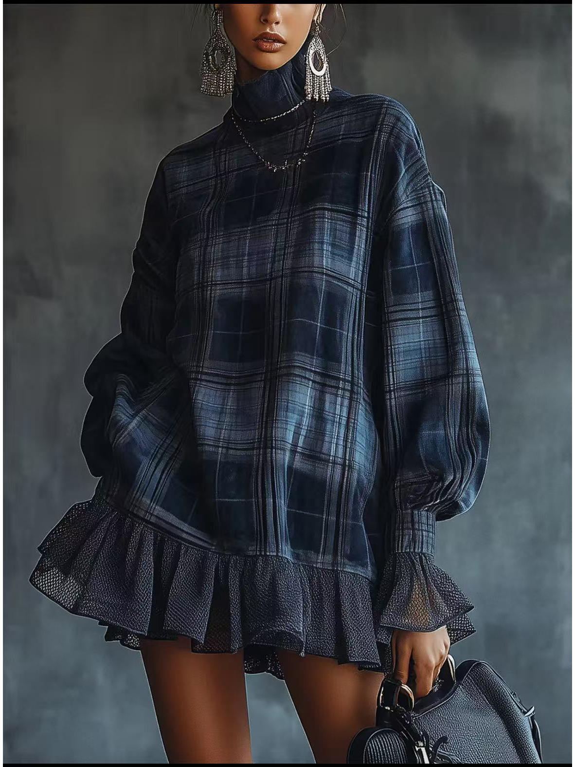 2025 Euro-American Spring Plaid Ruffle Skirt Dress for Women S