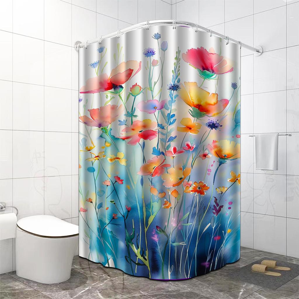 Colorful Floral Shower Curtain - Elegant Waterproof & Anti-Fog, Multifunctional Design, Ideal For Bathroom Decor