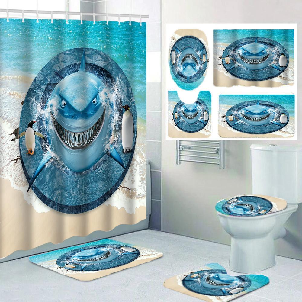1/4 Marine Organism Shower Curtains, Toilet Seat Decoration, Shower Curtain With Carpet And Toilet Lid, 12 70.8X70.8 Inch Hooks