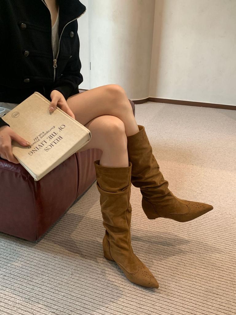 Pointed inner height increase thin boots autumn and winter suede splicing folds but knee boots women