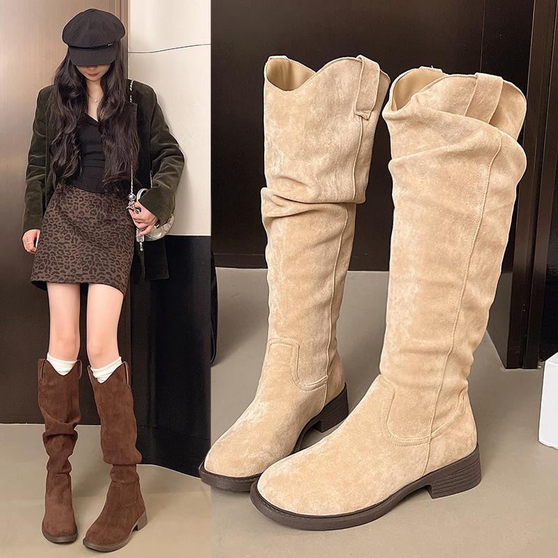 Fashion Women's Boots Low Heel Side Suede Thigh High Women's Boots Retro Woman Booties Autumn Winter Knee High Boots