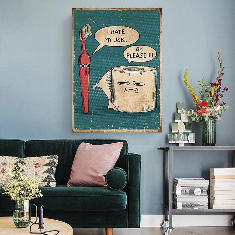 Funny Toilet Paper Toothbrush Poster and Prints Retro Abstraction Canvas Painting Wall Art Picture for Bathroom Room Home Decor
