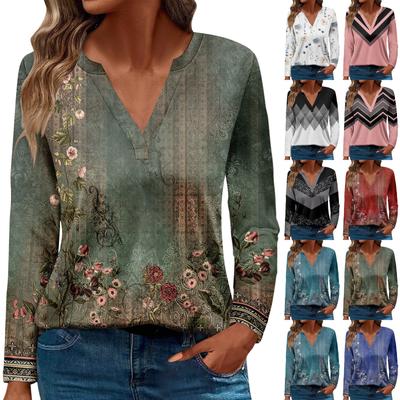 Women's T Shirt Tee Printed Long Sleeve Daily Weekend Fashion Basic V Neck Regular Top