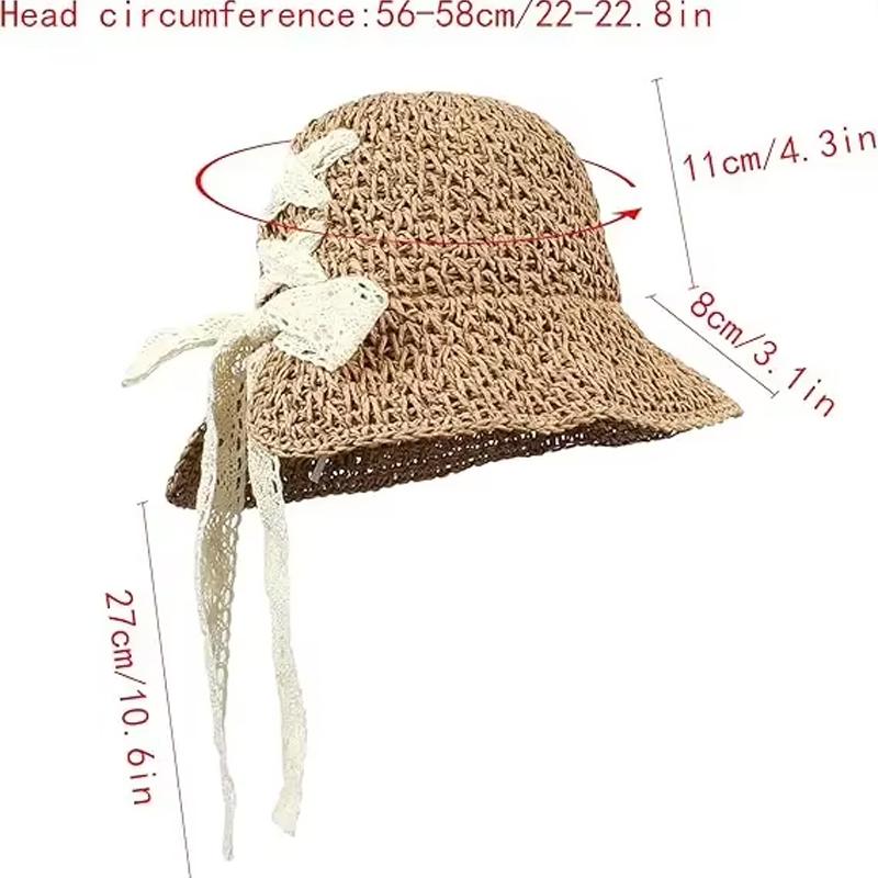 Women's Straw Panama Sun Hat with Lace-Up Bow & Ponytail Hole - Wide Brim Foldable UV Protection Bucket Hat for Beach Travel