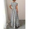 Summer Floral Printed Long Dress with Ruffled Short Sleeved V-neck Fashion Big Swing A-line Holiday Party Dress Elastic Waist Loose Casual Clothing