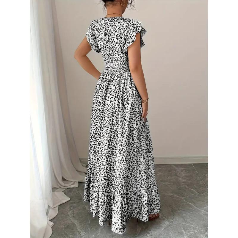 Summer Floral Printed Long Dress with Ruffled Short Sleeved V-neck Fashion Big Swing A-line Holiday Party Dress Elastic Waist Loose Casual Clothing