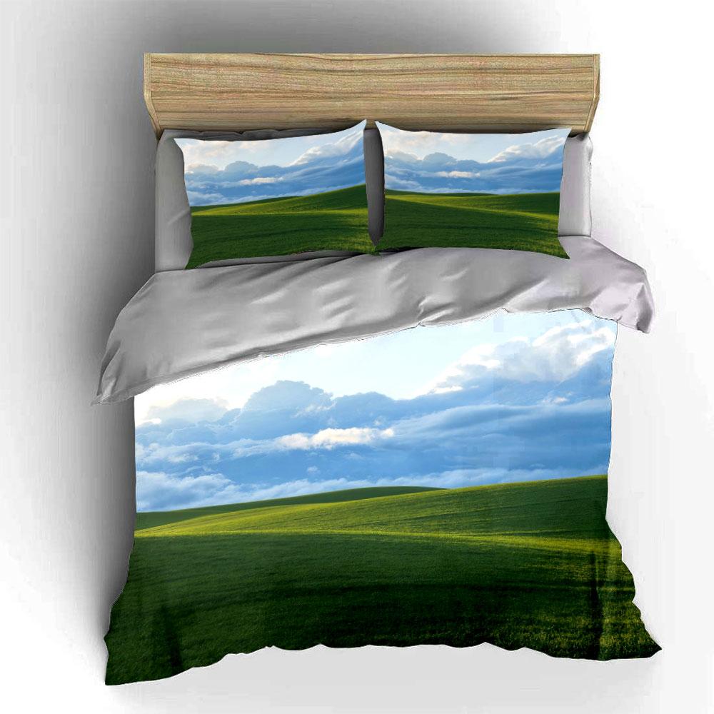 Green Hills With Blue Sky And Clouds Bedding Set For Kids Luxury Gift 3Pcs Digital Print Comforter Set Soft Comfortable