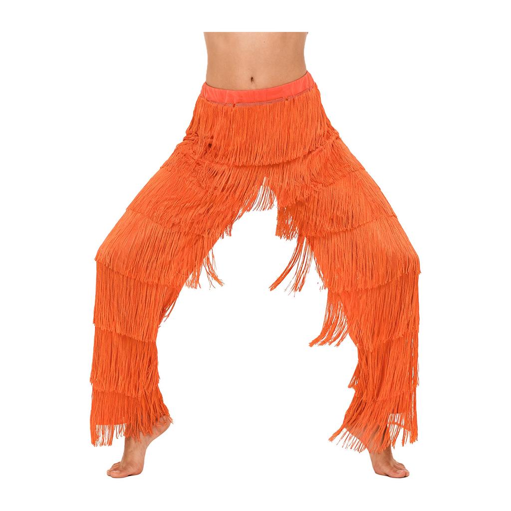 Womens Latin Dance Fringe Pants Elastic Waistband Contrast Color Tassel Trousers Cha Cha Tango Rumba
