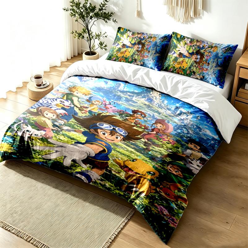 Digimon 3pc Duvet Cover Set Simple Modern Bedding Set Wrinkle Resistant Soft Fabric All Season Use a perfect gift