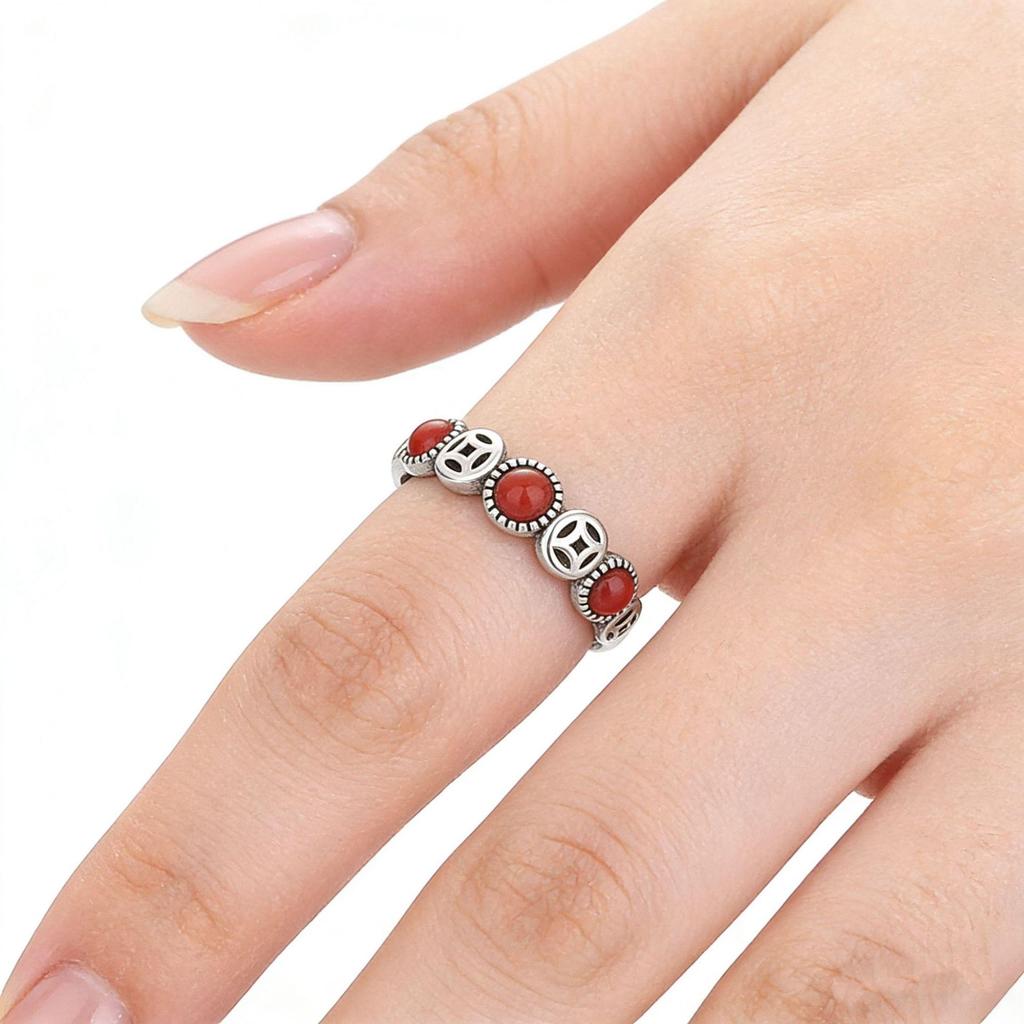 CaiYi S925 Sterling Silver Natural NanHong Agate Coin Ring - Chinese Style Luck & Wealth Accessory