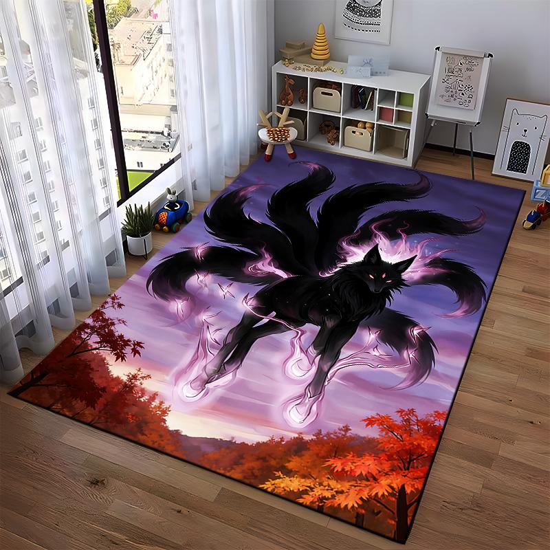 "Black Nine-Tailed Fox Carpet with Mystical Aura and Colorful Sunset" Suitable for Use As an Anti-slip for Living Room Bedroom Sofas