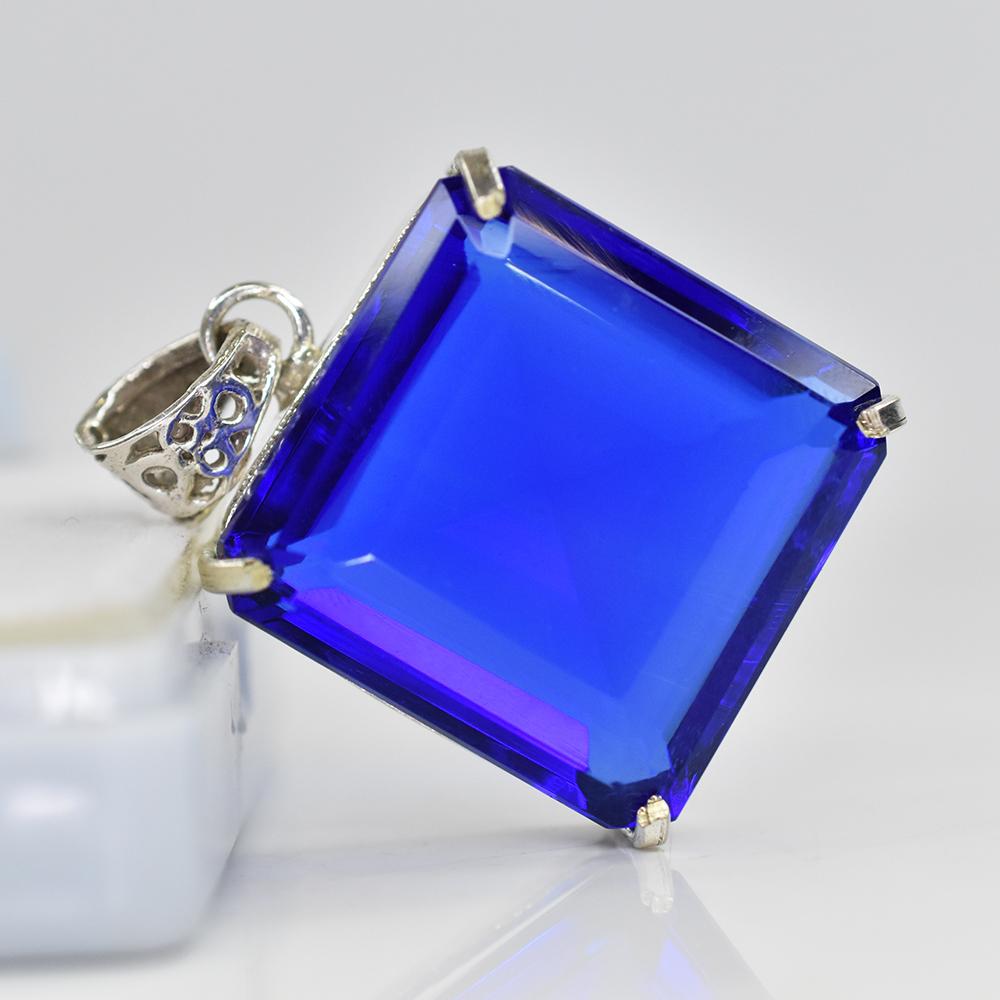 Lab Created Blue Sapphire 99Ct Square 925 Starling Silver Certified Gems Pendant MY.PD-99-NS