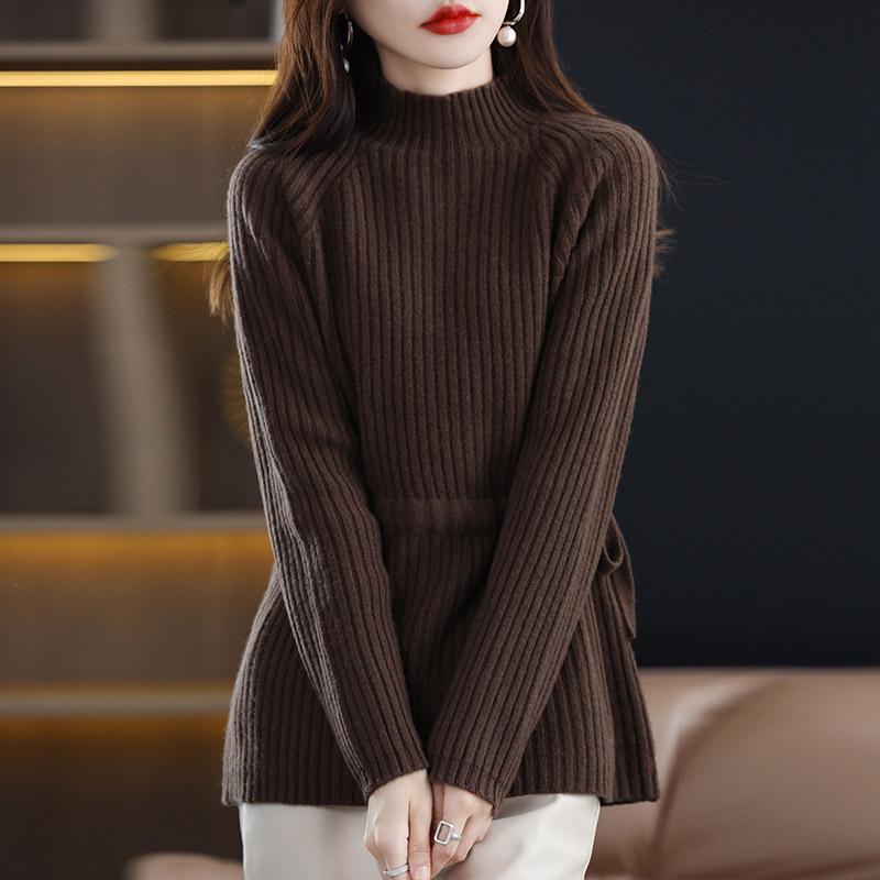 

Women s Thick Knit Cashmere Sweater - Half High Neck, Raglan Sleeve, A-line, Drawstring Waist, Loose Fit, 100% Pure Wool One Size