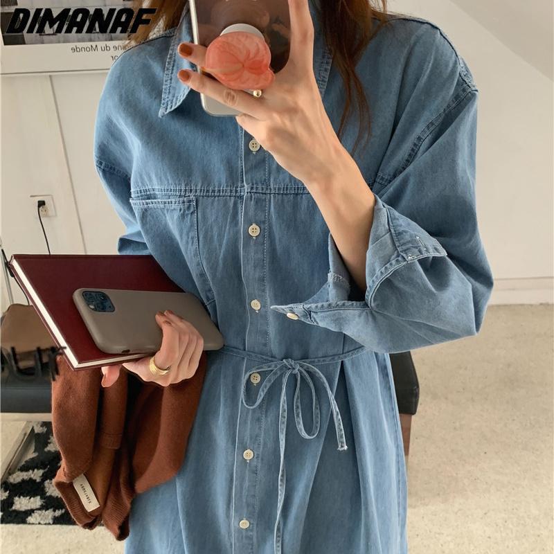 

DIMANAF Плюс Размер Женщины 2023 Новый Летний Стиль Джинсовое Платье-Рубашка Свободное Платье Базовые Длинные Платья Оверсайз