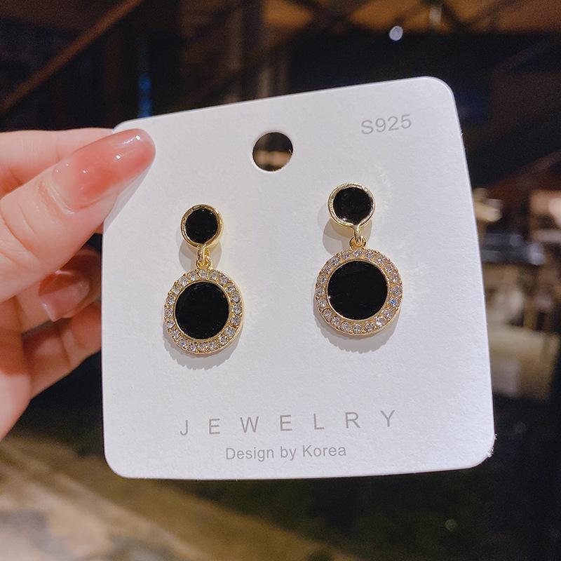Korean Style Trendy Black Zircon Disc Earrings In 925 Silver for Women
