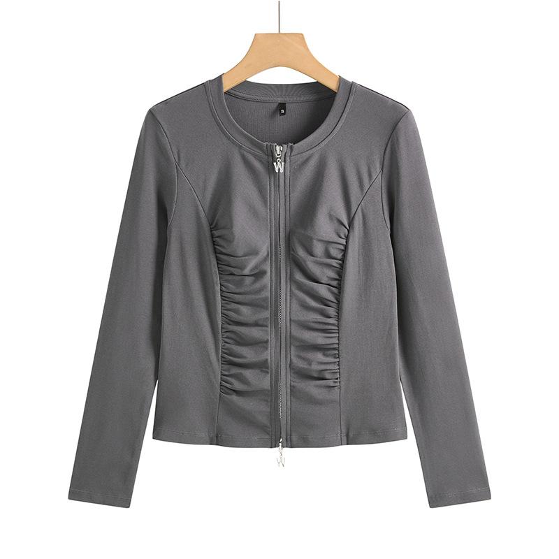 Women's Spring and Autumn Round Neck T-shirt Zipper Cardigan Fashionable and Versatile Pleated High-end Temperament Long-sleeved Top