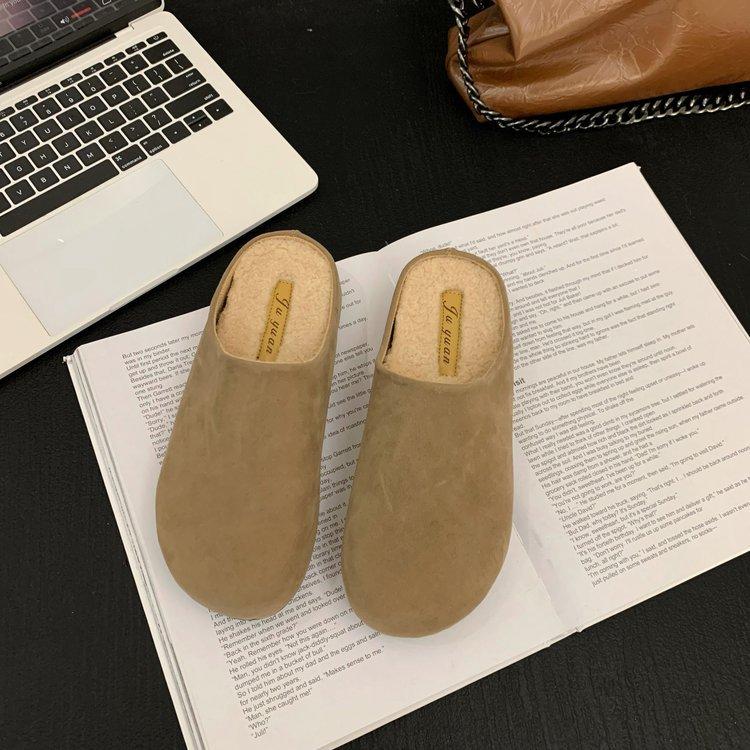Soft leather version~ Baotou half slippers women wear high-end fluffy shoes in the autumn of 2024 new lazy Boken shoes