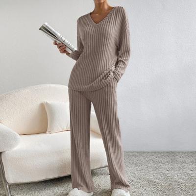 2 Teile/satz Pullover Hosen Anzug Gewinde V-ausschnitt Einfarbig Gestrickte Lose Taschen Elastische Taille Lässige Weiche Weite Bein Homewear Herbst Winter Pyjamas Set