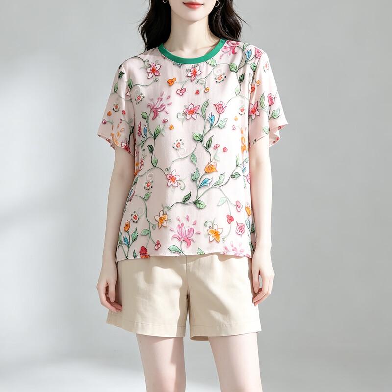 

Huanmengxuan Women s Silk Floral Print Round Neck Top L