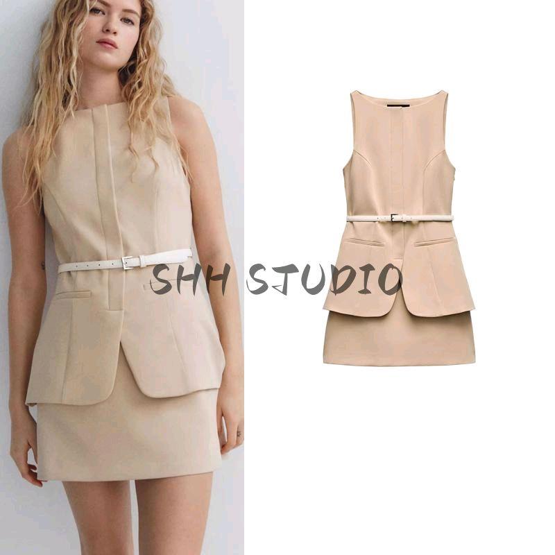 Spring New Women's Clothing American Commute Style with Belt Two-piece Set Short Sleeveless Dress 3152308