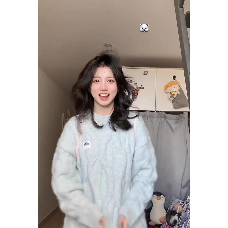 

Вязаный узор «косы», круглый вырез, молочный фуфу, свободная верхняя одежда, мягкий, клейкий свитер Blue XL recommended 57.50 kg-65.00 kg