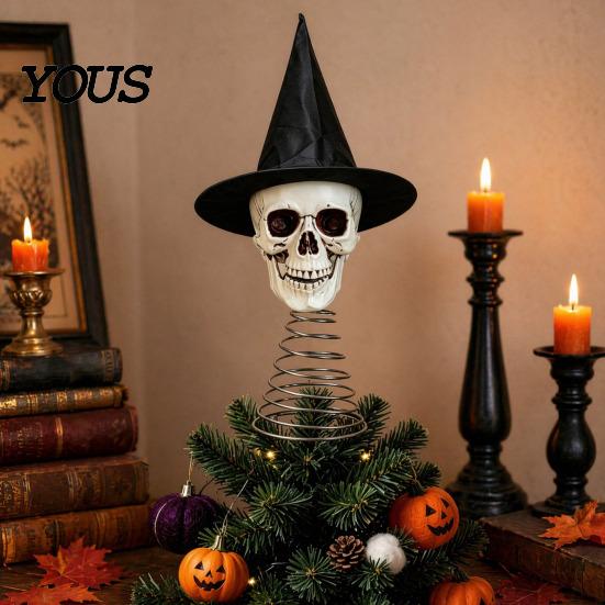 Black Pointed Hat Skull Halloween Witch Tree Topper, Gothic Skeleton Figurine for Dark Aesthetic Topper Party Decor, Spooky Festive Home Ornament,