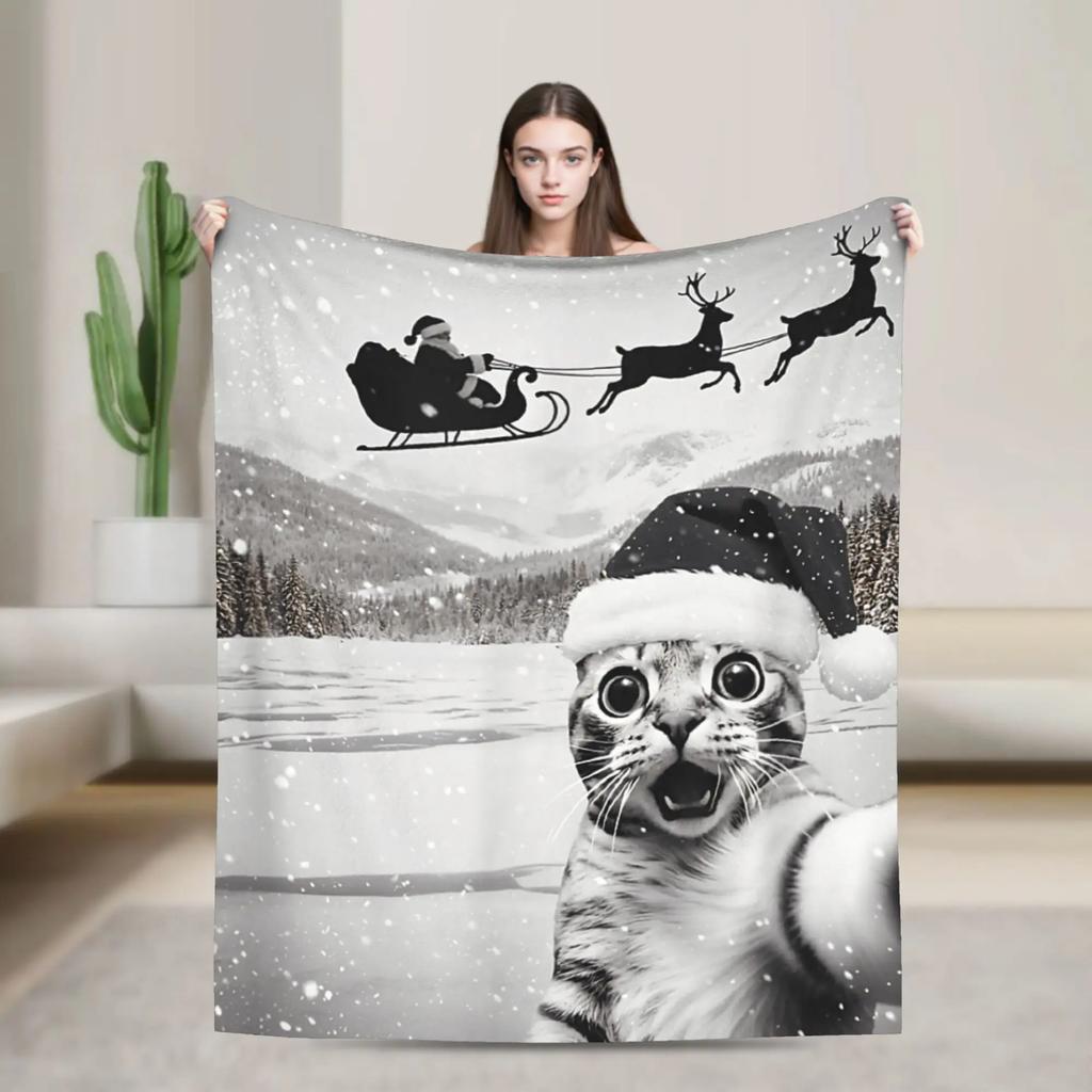 Funny Cat Selfie Santa Merry Christmas Blanket Soft Warm Throw for Winter Bedroom Students Holiday Home Decor