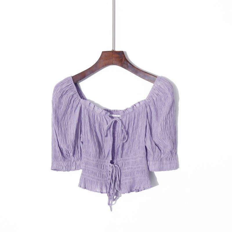 

Summer 2023 Women s French Style Puff Sleeves Stretch Ruched Retro Square Collar Short Sleeve Shirt Shoelace Crop Top Shirt Purple L