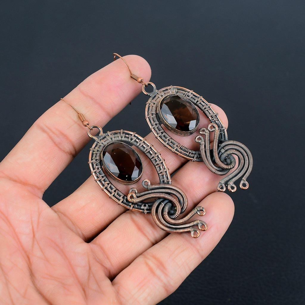 Smokey Topaz Earrings Gemstone Jewelry, 999 Copper Wire Wrapped Handmade Earrings, Latest Design Jewelry