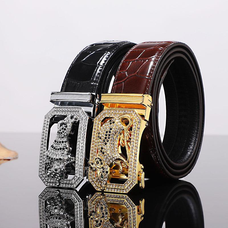 Cinto masculino de couro fivela automática primeira camada couro de vaca doze zodíaco botão cabeça crocodilo padrão cinto masculino