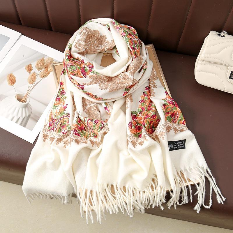 Autumn and winter new diamond-shaped embroidered imitation cashmere scarf women's popular thickened warm fringed shawl