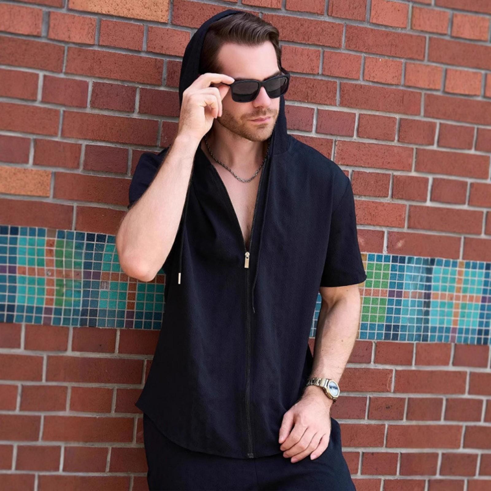 

Мужская повседневная рубашка с капюшоном и короткими рукавами в моде XL чёрный