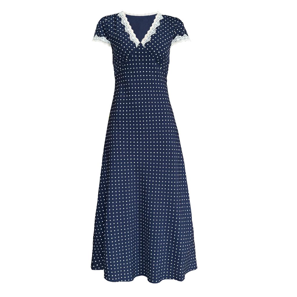 Summer Dress with V-neck, Elegant Polka Dots, Waist Slimming