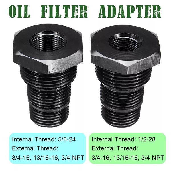 Black Aluminum Oil Filter Adapter Threaded 1/2-28 To 3/4-16, 13/16-16, 3/4 NPT – Automotive Replacement