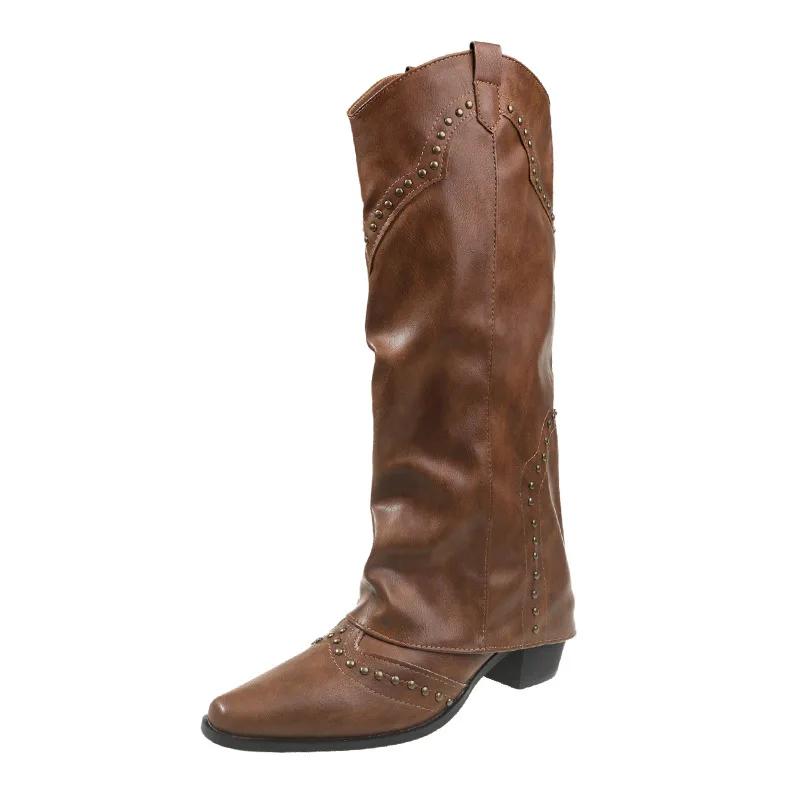 Fashion Luxury Designer Winter Women Western Cowboy Boots Fashion Ladies Elegant Knight Long Boots Square Heel Women's Shoes