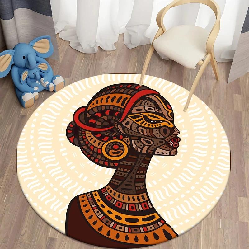 African Women Print Round Carpet Non Slip Area Rug for Living Room Bedroom Balcony Kitchen Decor Traditional Floor Mat Yoga Mats