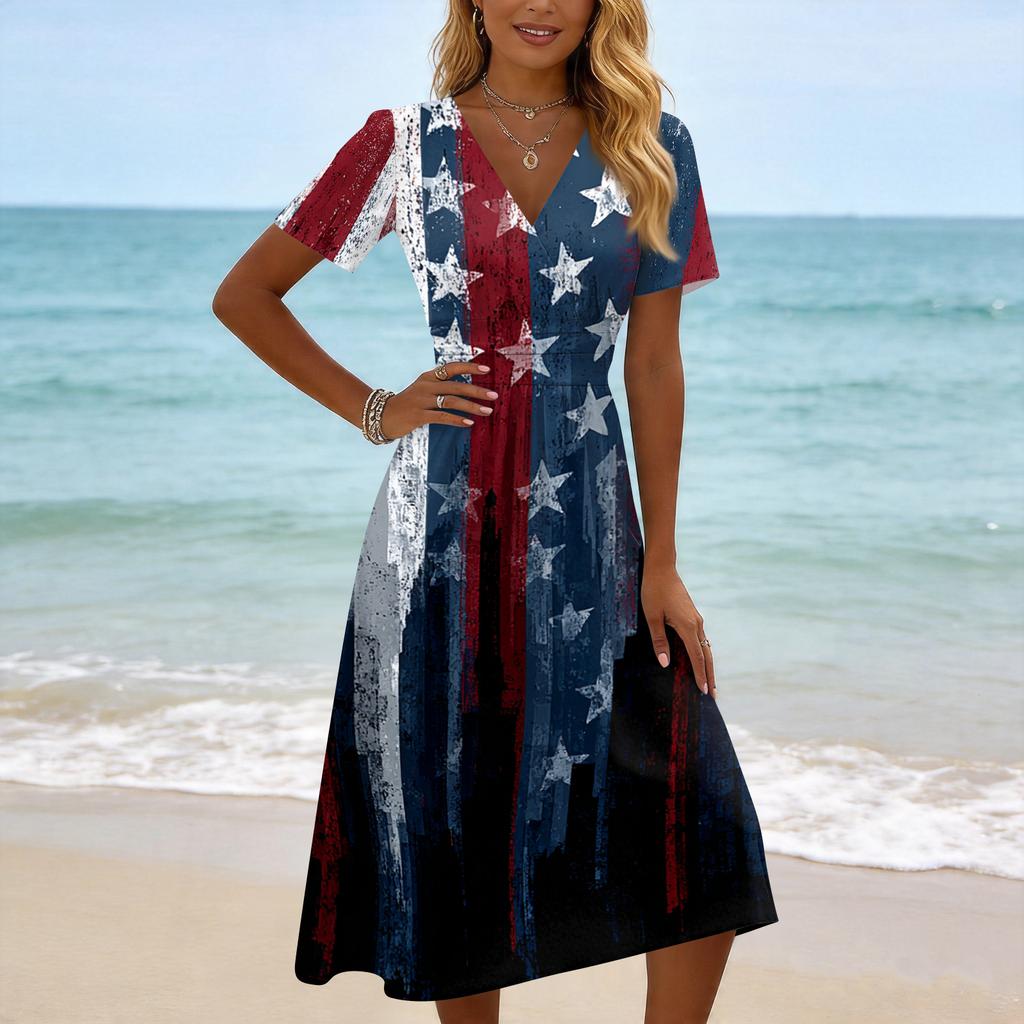 Damen Kurzarm V-Ausschnitt Midi-Kleid mit Stern- und Streifen-Print Lockerer Schnitt Weicher Stoff Lässiger Stil