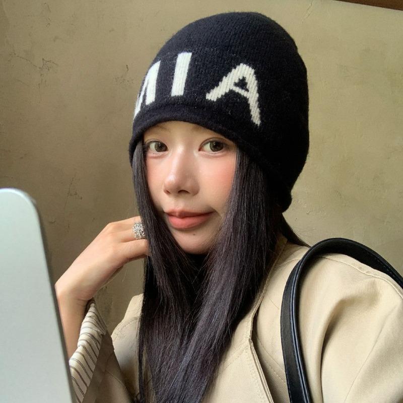 Wool letter bag head hat women's autumn and winter versatile big head circumference pullover cold hat knitted stacking hat