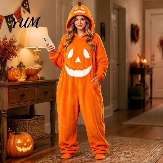 Unisex flísové pyžamo Halloweenský dýňový overal pro dospělé, Plyšový kostým s kapucí pro dospělé, Nadměrný volný domácí oblečení, Vtipný podzimní